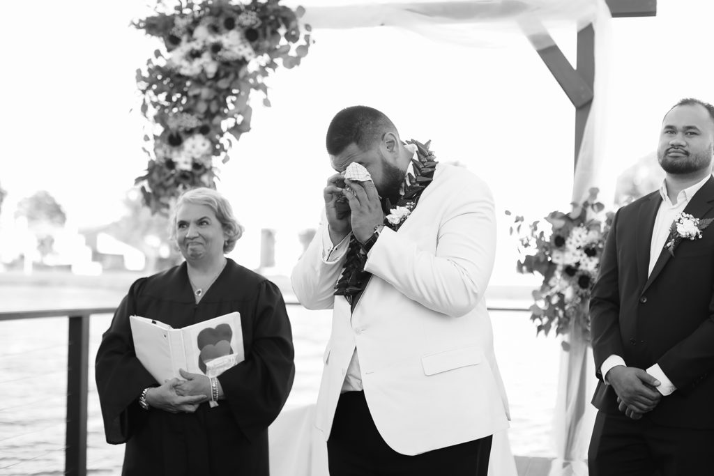 San Mateo California backyard wedding groom crying